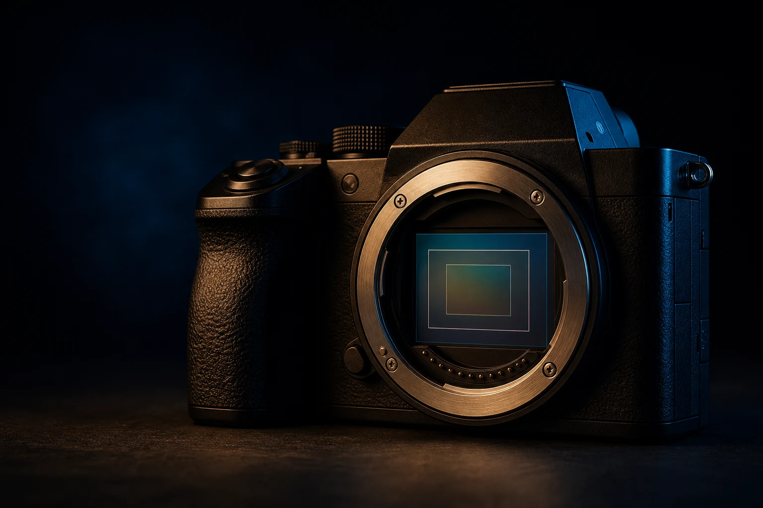 Unbranded mirrorless camera with layered sensor-format rectangles visible behind the lens mount